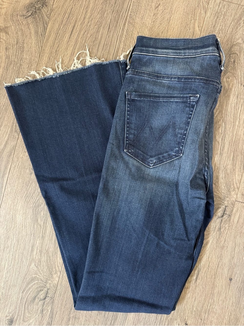 MOTHER Dark Blue Frayed Hem Wide-Leg Jeans